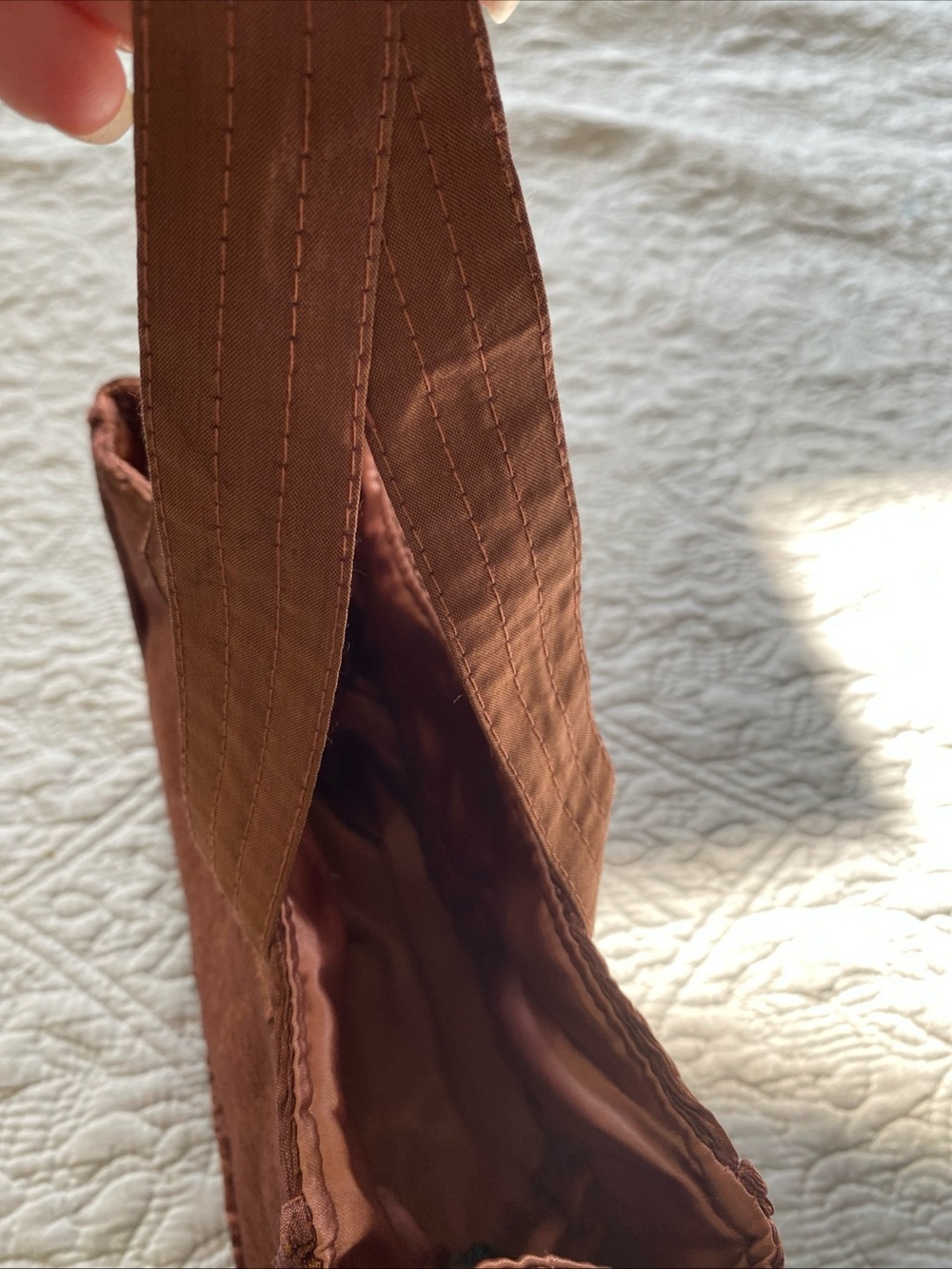 Jim Thompson Silk Mini Tote in Iridescent Rust Brown/ Deep Blush Pink Drawstring - Picture 9 of 16